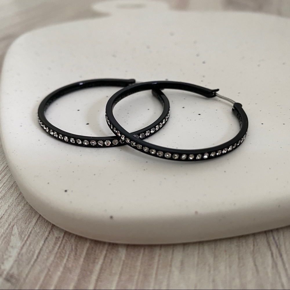 NWOT Origami Owl black hoops with Swarovski crystals 30mm